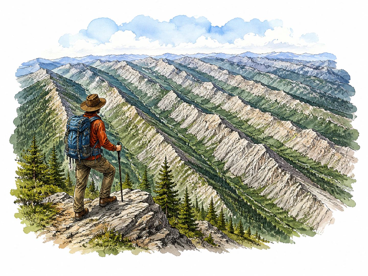A traveler looks across several long mountain ranges running side by side, making the parallel system of ridges unmistakable.