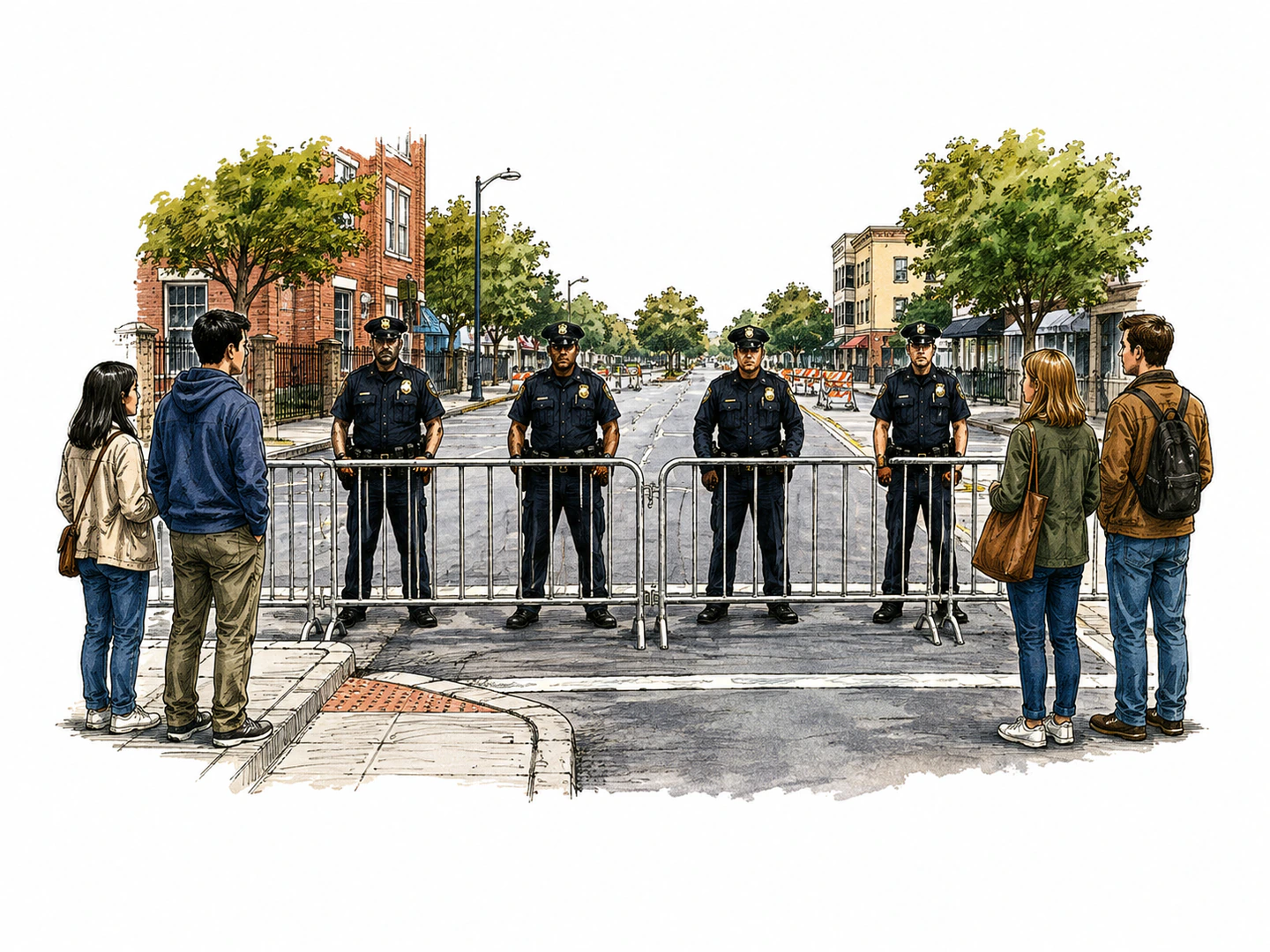 Police officers and linked barriers form an unbroken line across a street, preventing pedestrians from entering the blocked area.