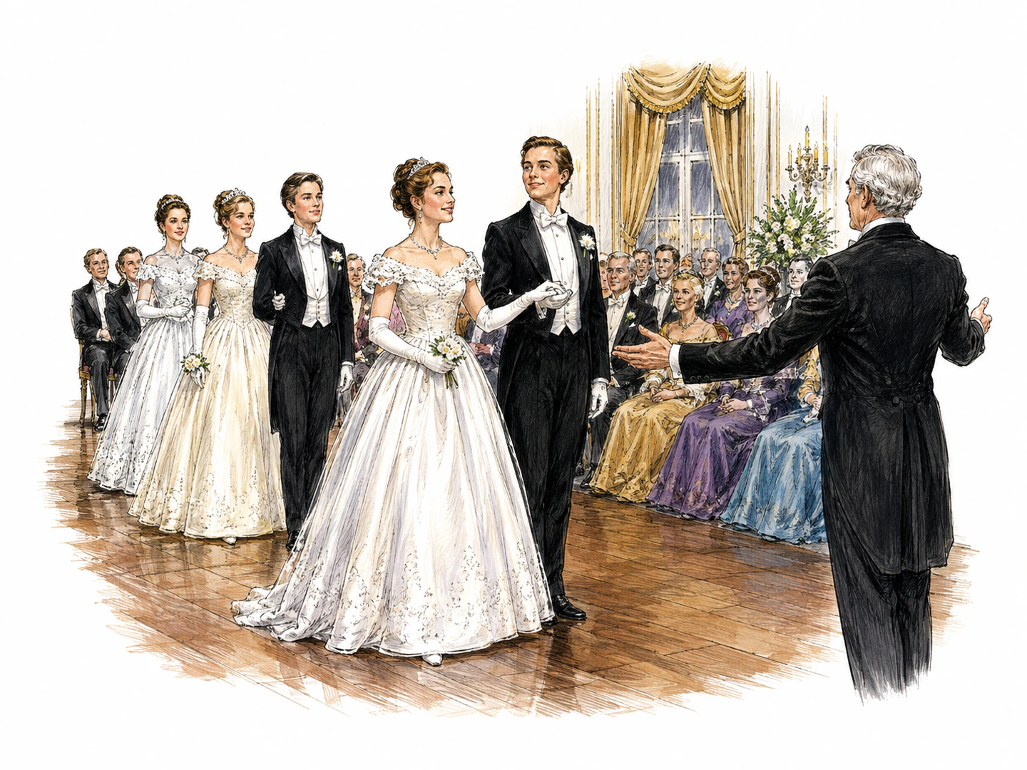 At a formal ball, young people in dress clothes are presented to assembled guests before joining a coordinated dance.