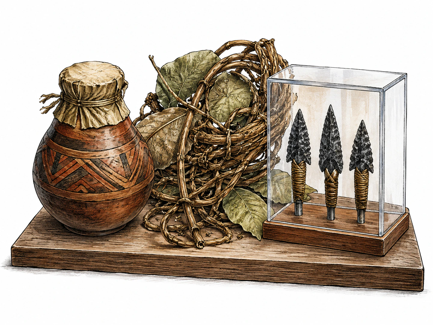 A museum display groups an unlettered sealed vessel of plant-derived poison with dried vine specimens and carefully enclosed traditional arrow tips.