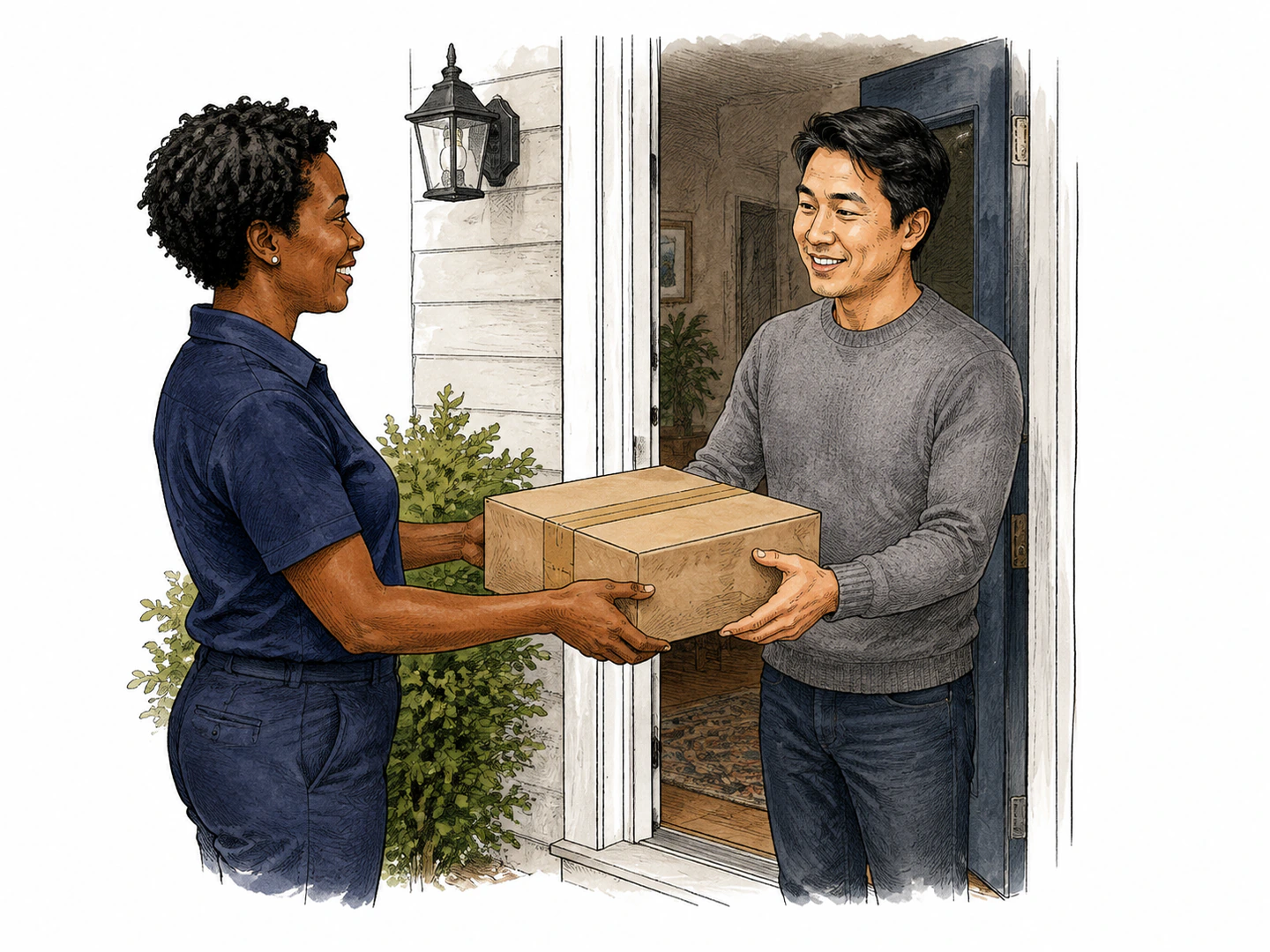 A courier hands a sealed package directly to the person waiting at a doorway.