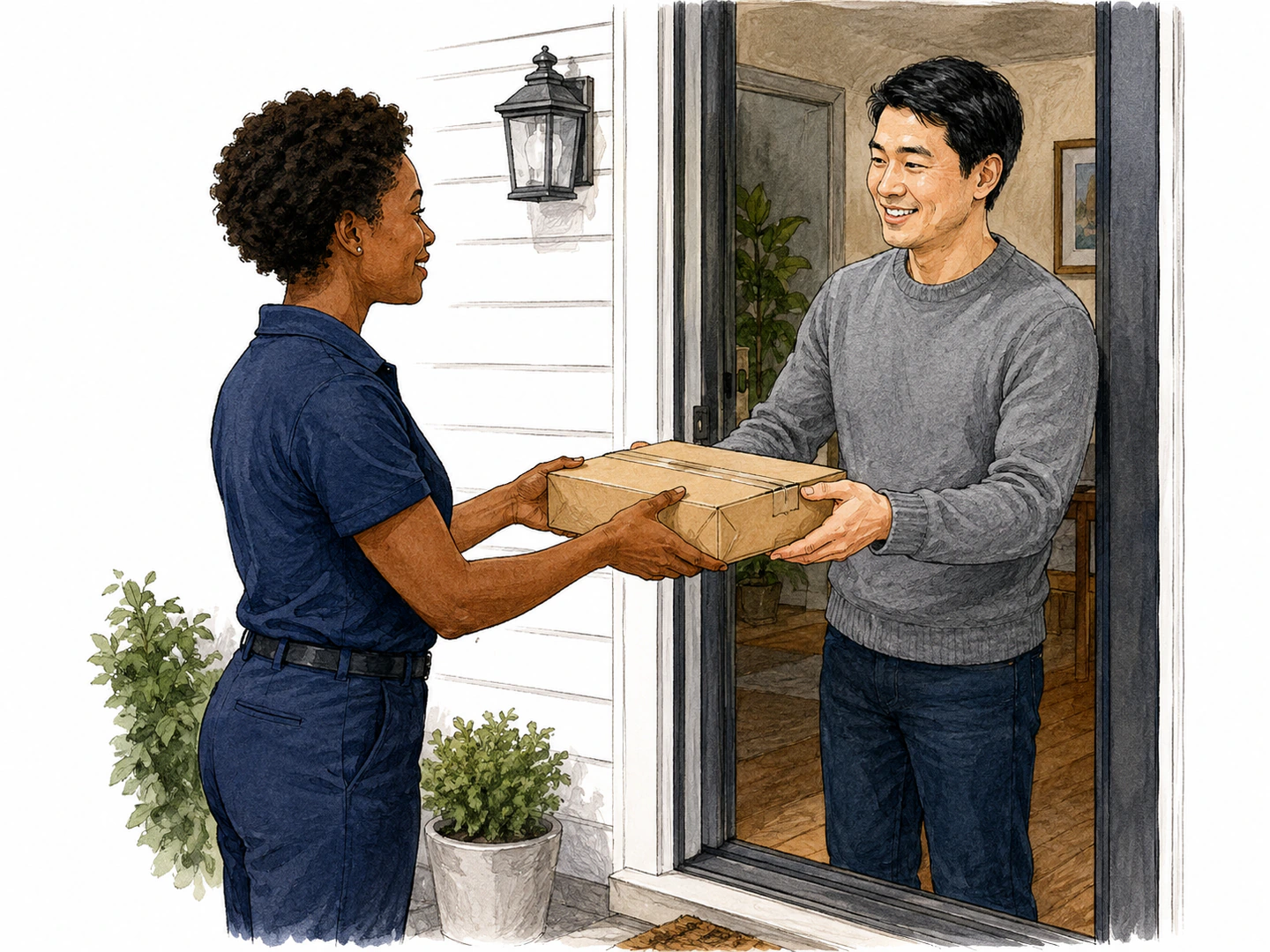 A courier hands a sealed package to a person waiting in a doorway.
