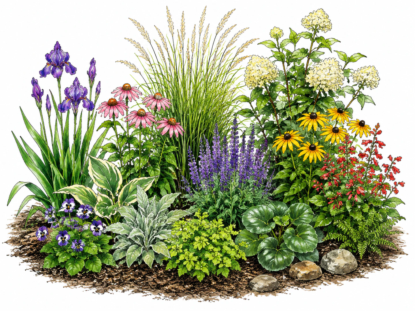 A garden bed contains many clearly different plants growing together, with varied leaf shapes, heights, and blooms in one shared space.