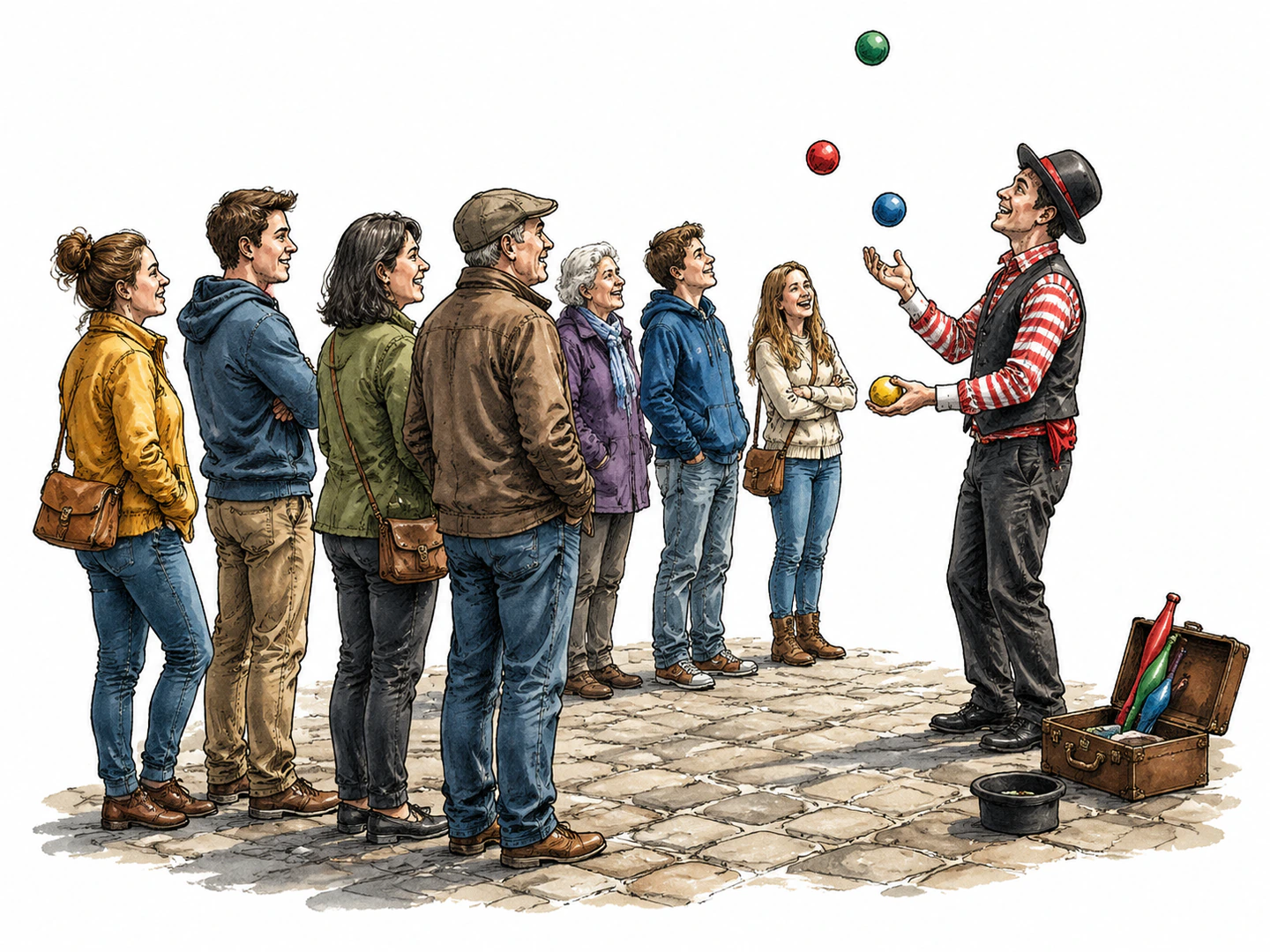 During a long wait, a juggler performs nearby and the bored crowd turns away from the delay to watch the entertaining activity.