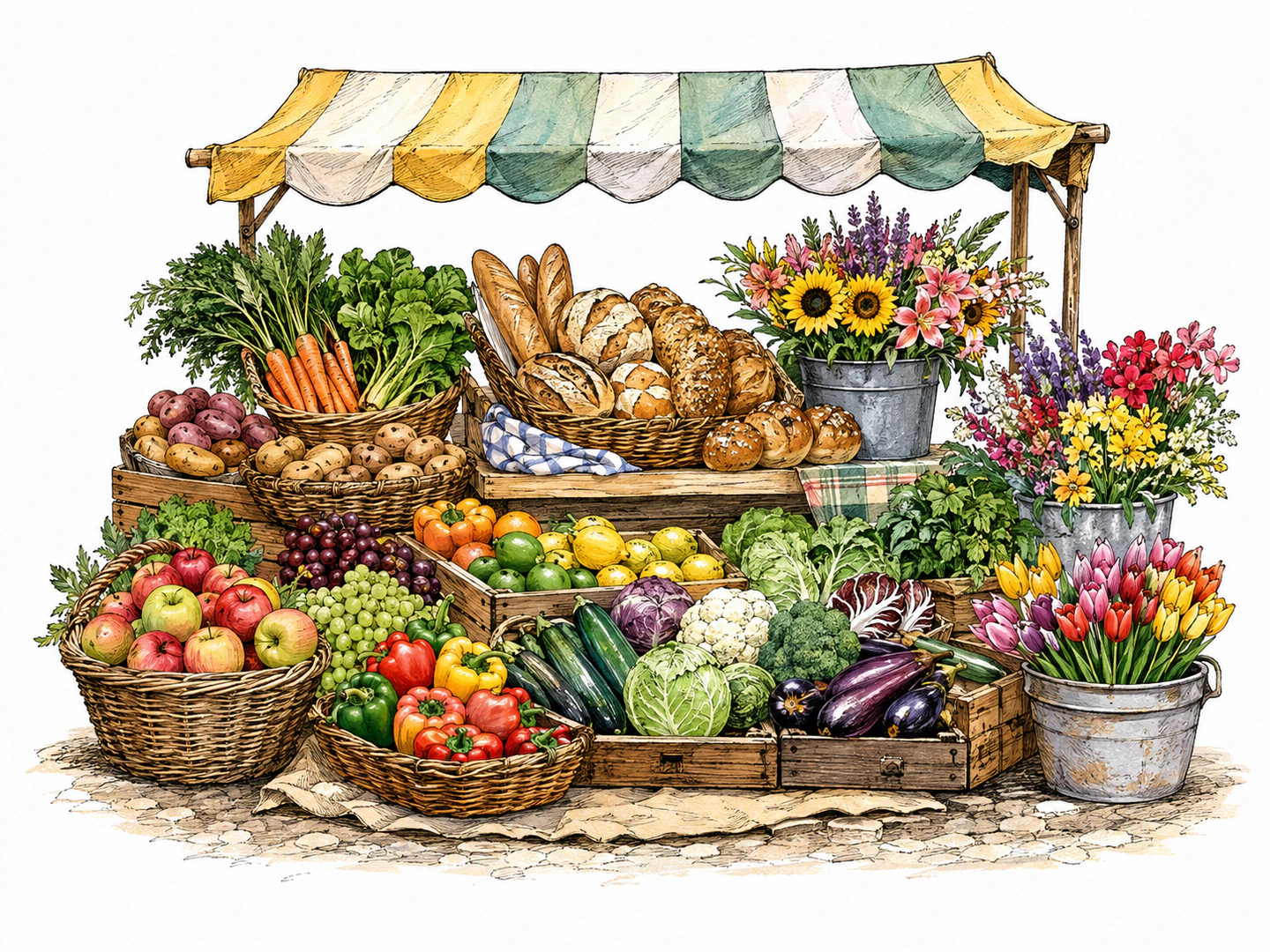 A market stall displays many different fruits, vegetables, breads, and flowers side by side, making the presence of different kinds of things visible.