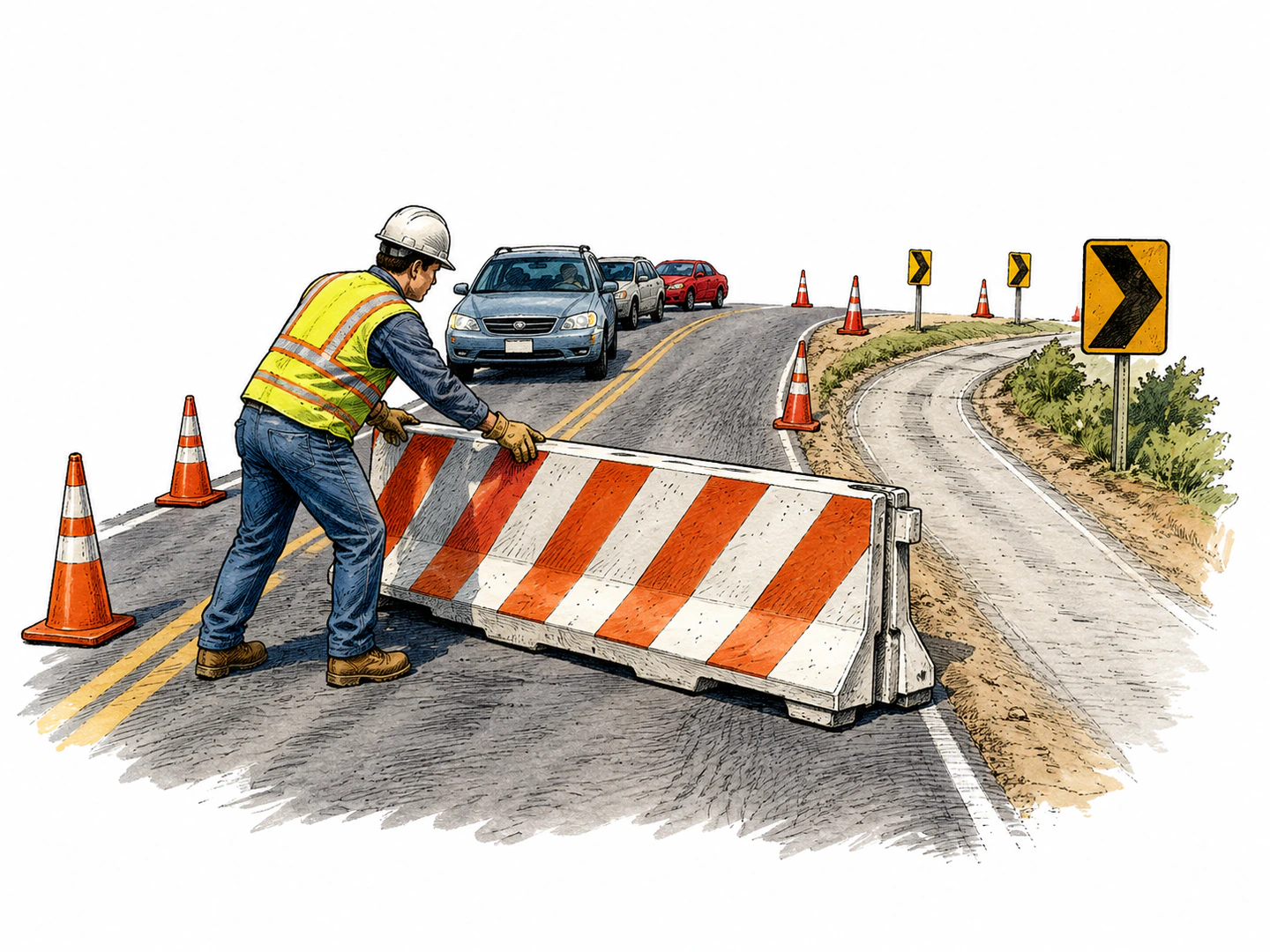 A road worker moves a barrier so flowing traffic turns away from its usual path onto a side route.