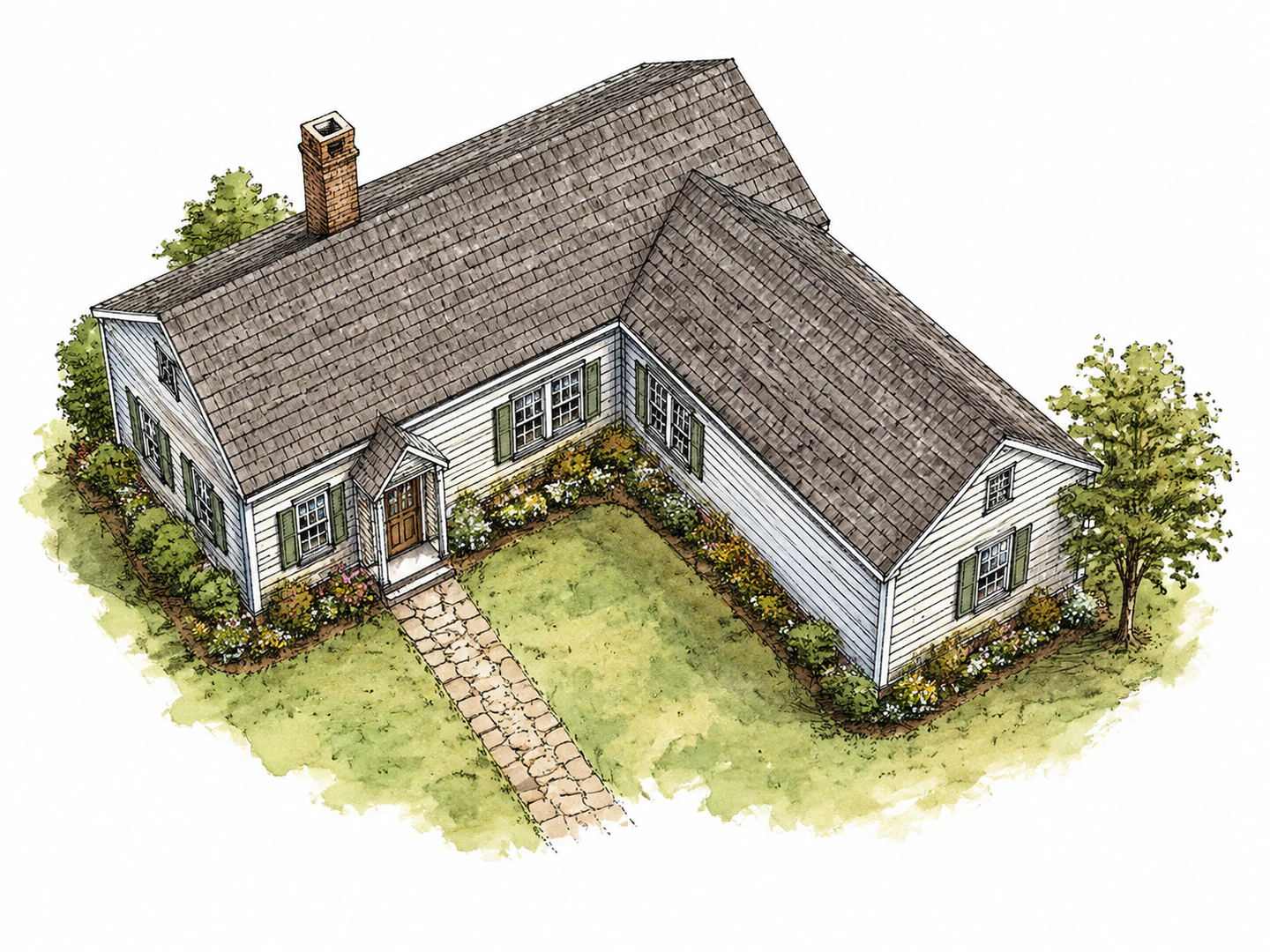 An overhead oblique view of a house shows a wing projecting at a right angle from the main building, forming a clear L-shaped footprint.