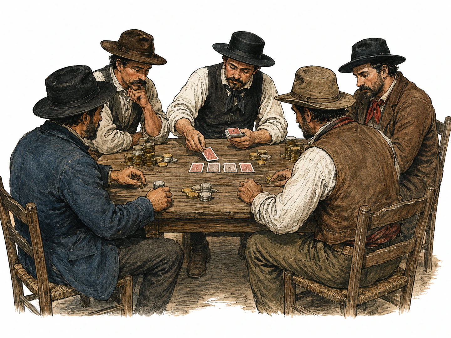 Gamblers sit around a table where one person deals cards while others place coins as stakes, showing an old card game played for money.