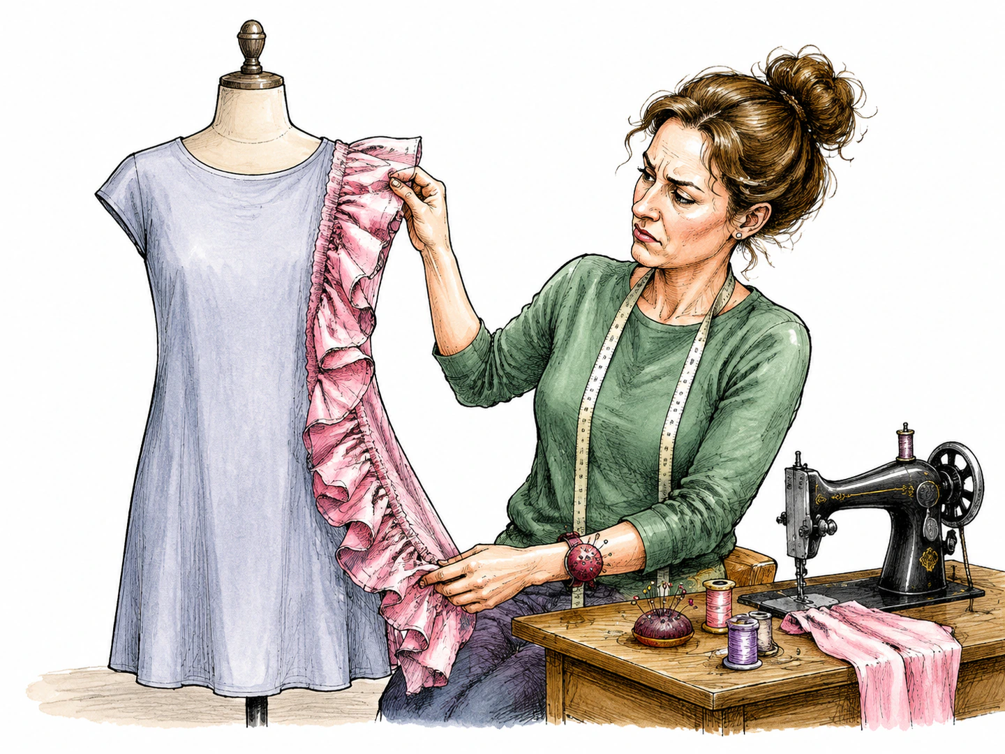 A plain dress is burdened with an extra showy ruffle sewn along the edge, making the decorative addition look unnecessary.