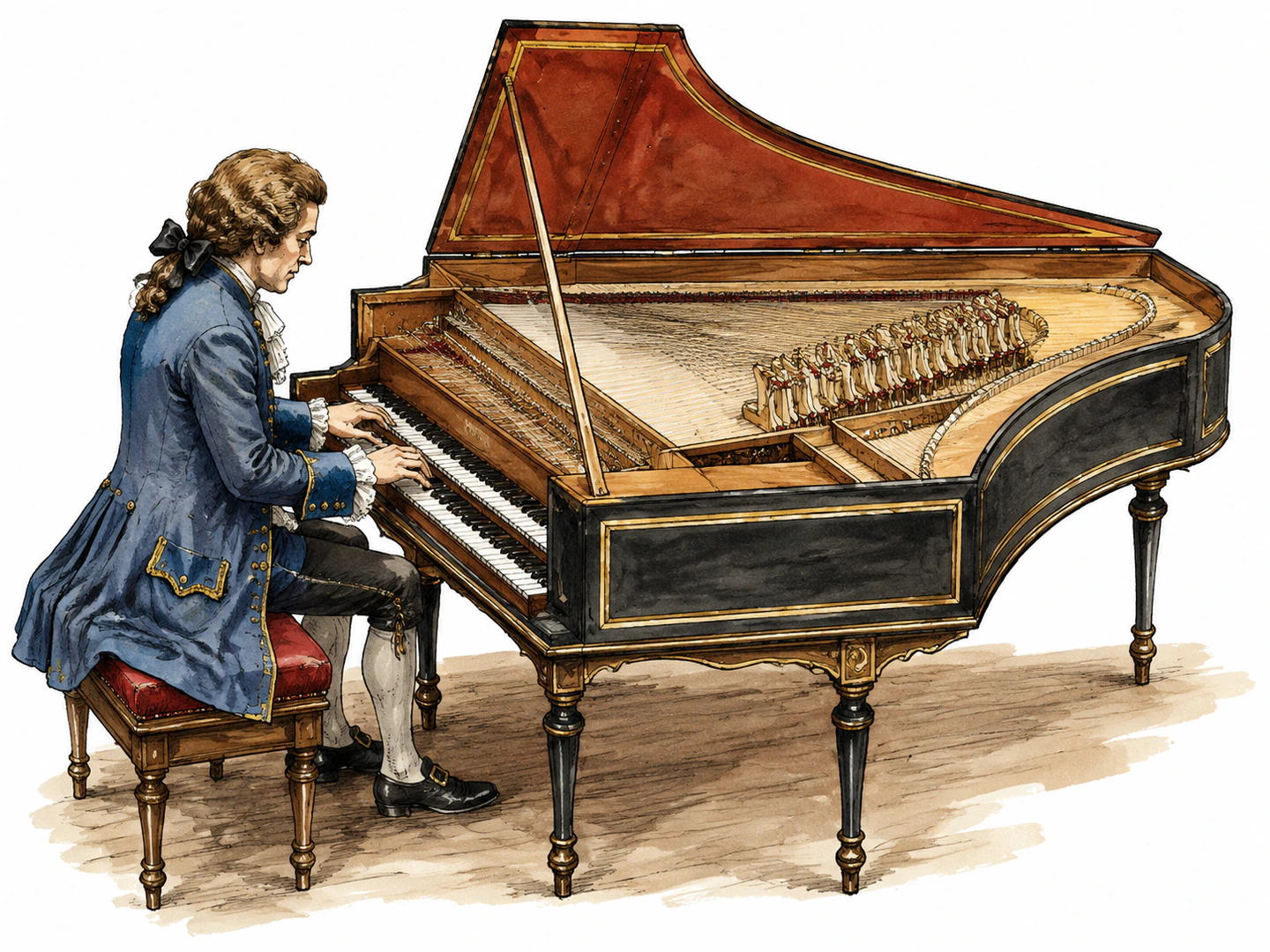 A musician presses the keys of an open harpsichord while small internal mechanisms pluck the stretched strings inside the case.