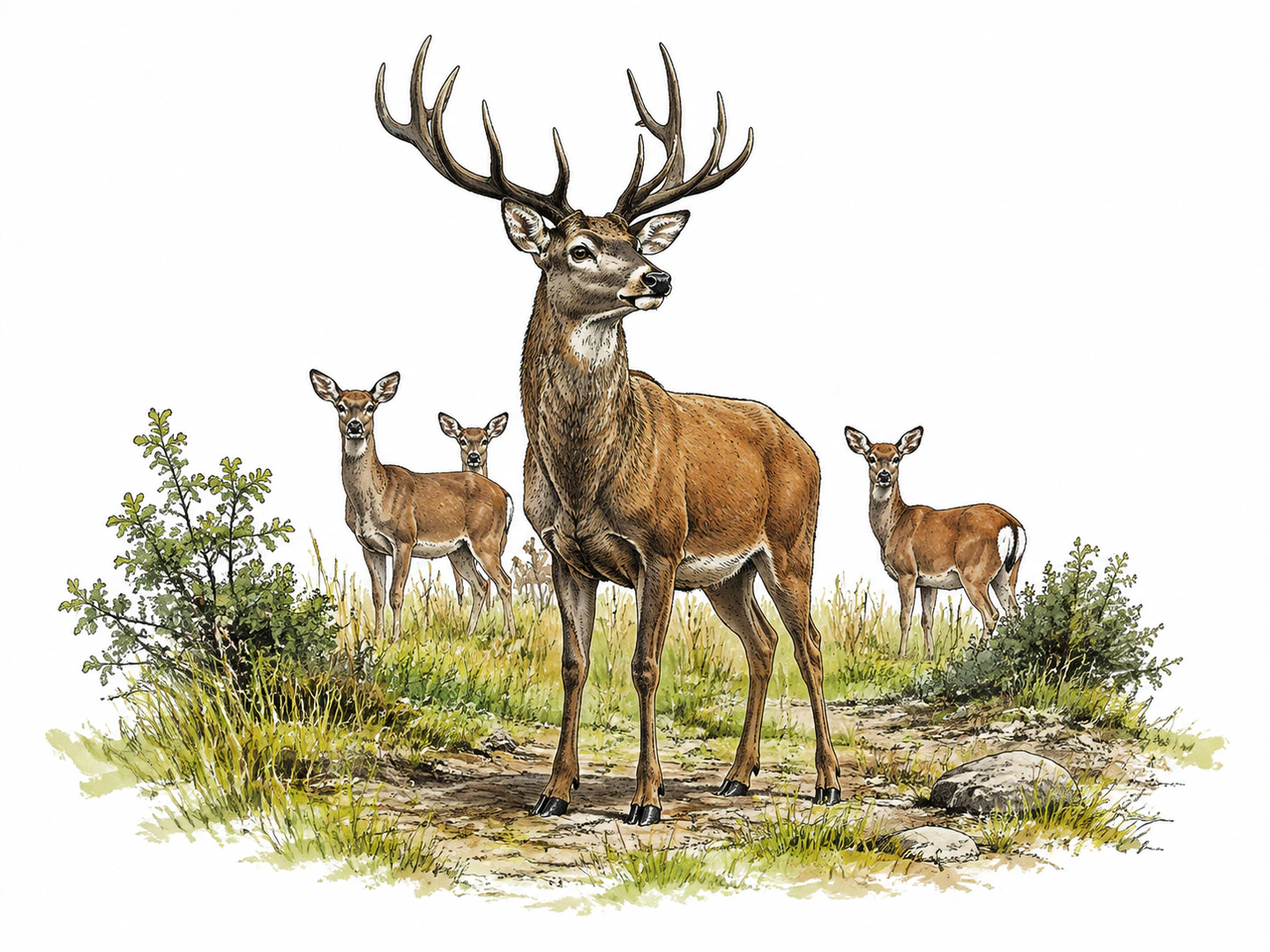 An adult male deer with large antlers stands alert in a clearing while smaller deer remain behind him.