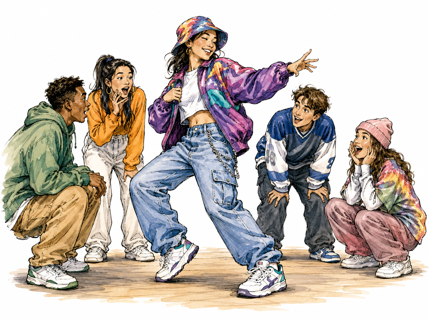 At a music gathering, one friend confidently shows others the newest dance moves and fashion choices before anyone else recognizes them.