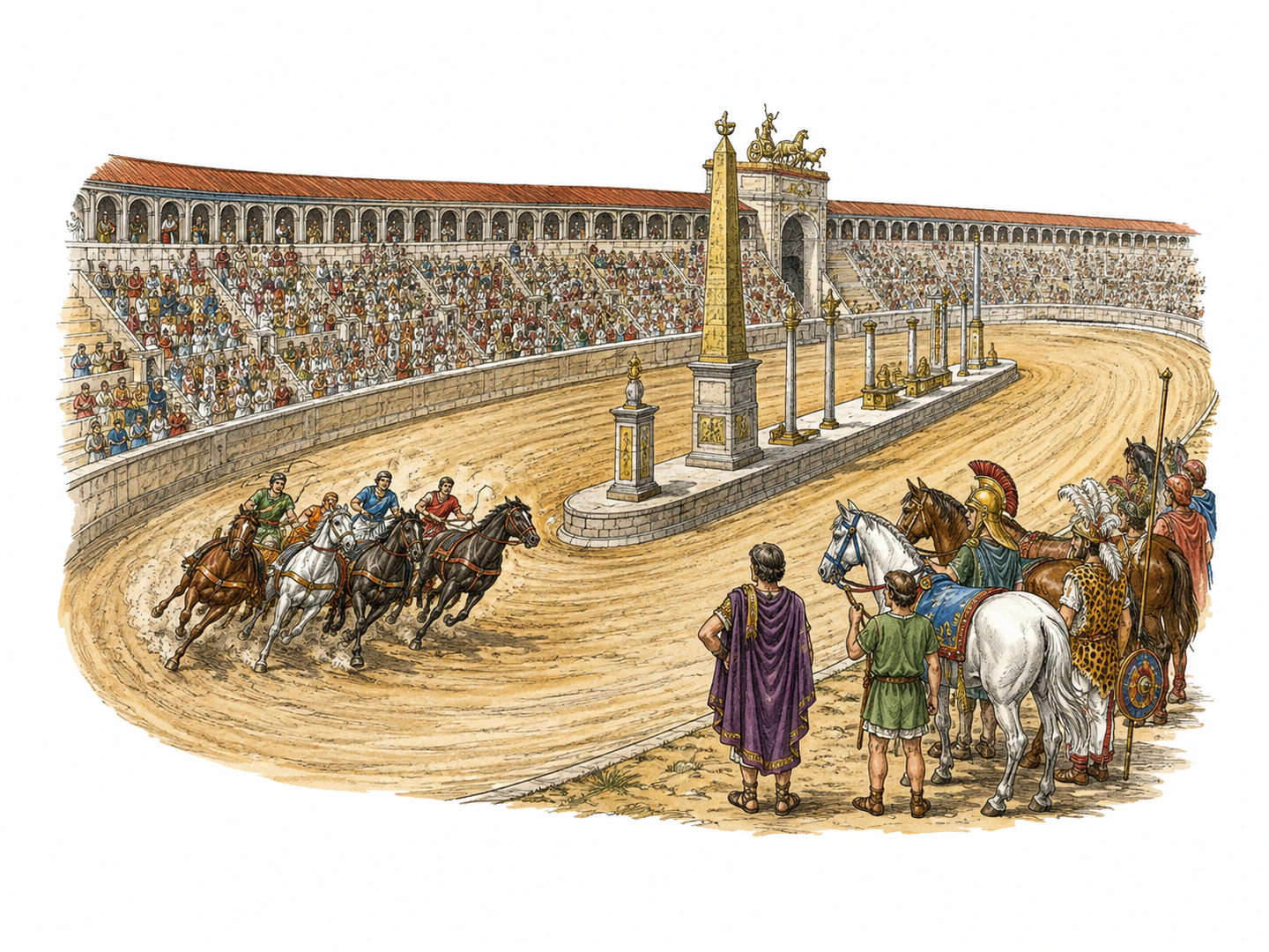 Horses race around a broad enclosed arena while spectators fill the surrounding seats and performers wait beside the track for the next spectacle.