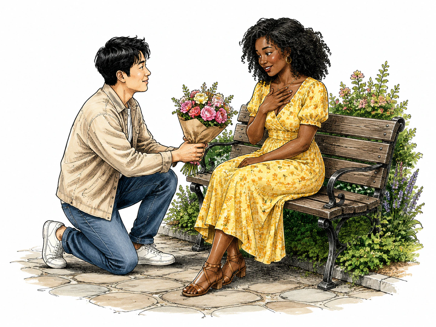 A person gazes tenderly at a woman while offering her flowers, and her central place in the affectionate attention shows she is the woman loved.