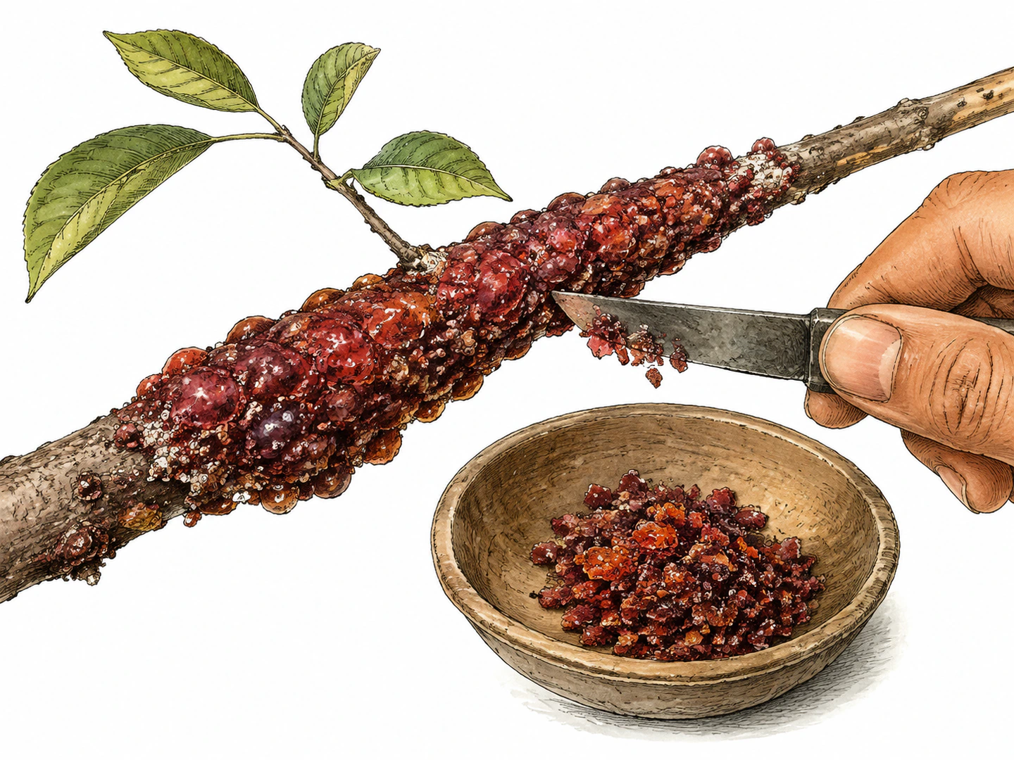 Tiny insects cluster on a branch where glossy resinous deposits are being scraped into a bowl for making shellac.