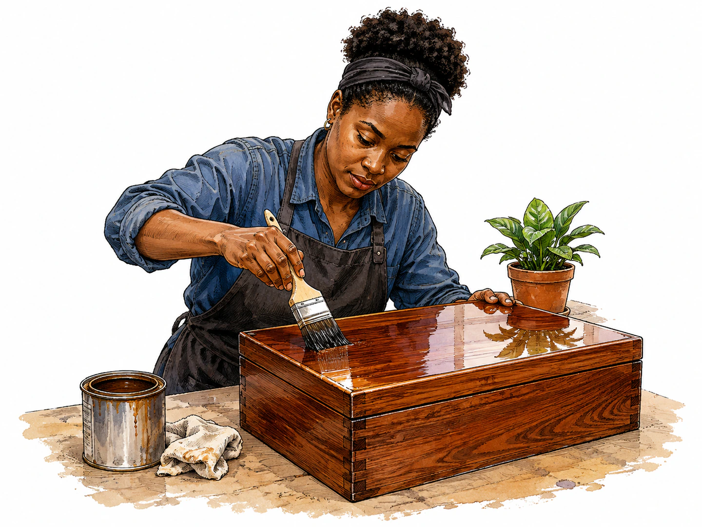 A craftsperson brushes a coating onto a wooden box, leaving behind a hard glossy surface that reflects nearby objects.