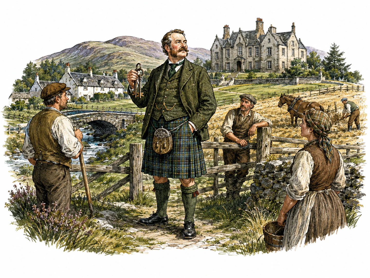 On a large Scottish estate, a landowner holds the manor keys while standing among fenced fields, cottages, and workers who look to him for decisions.