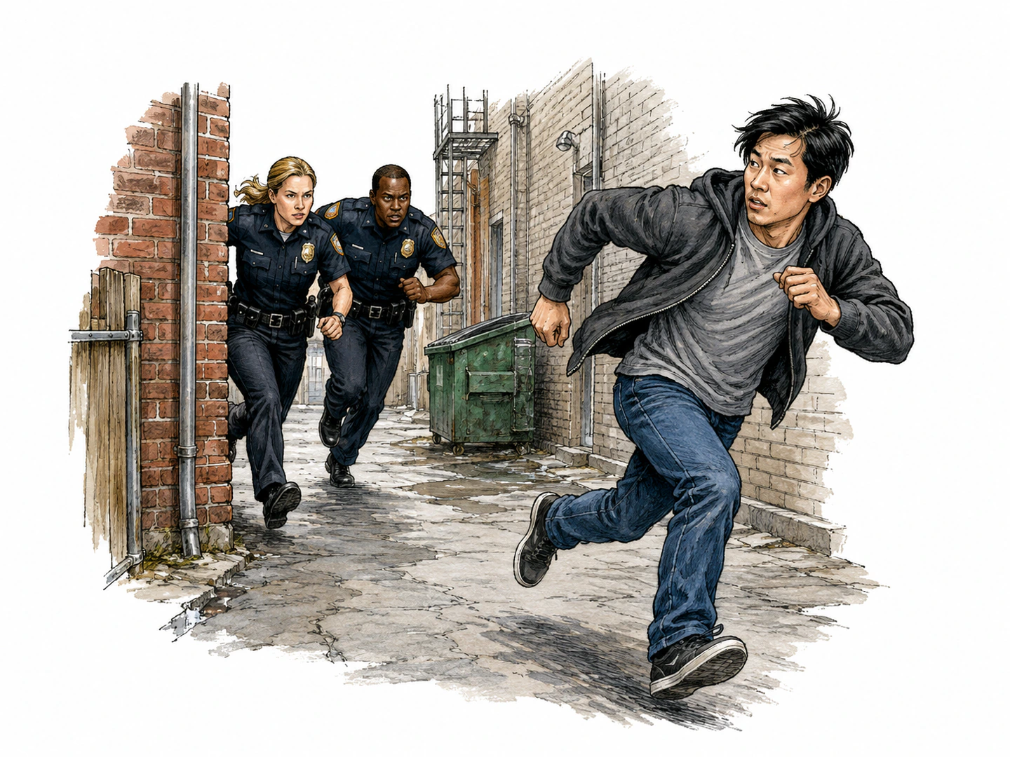 A person bolts through an alley while police officers hurry around the corner behind them, making the escape rushed and pursued.