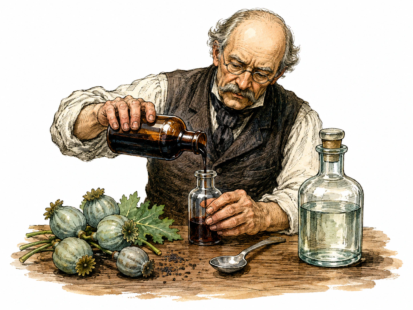 An old apothecary mixes dark opium tincture with alcohol into a small medicine bottle beside poppy pods and a spoon.