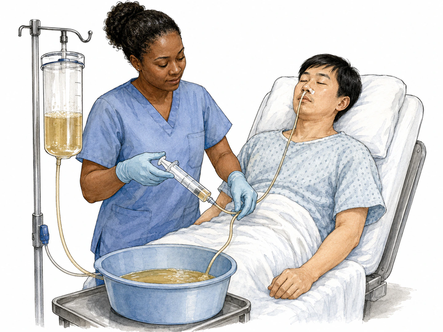 In a clinic, a medical worker gently flushes a patient's stomach through a tube while collected fluid drains into a basin.
