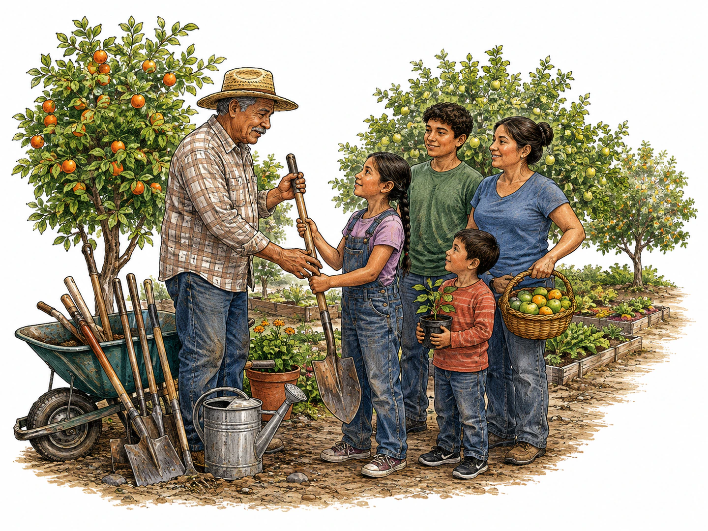 An older gardener leaves tools and a thriving orchard to younger family members who continue caring for it after the gardener is gone.