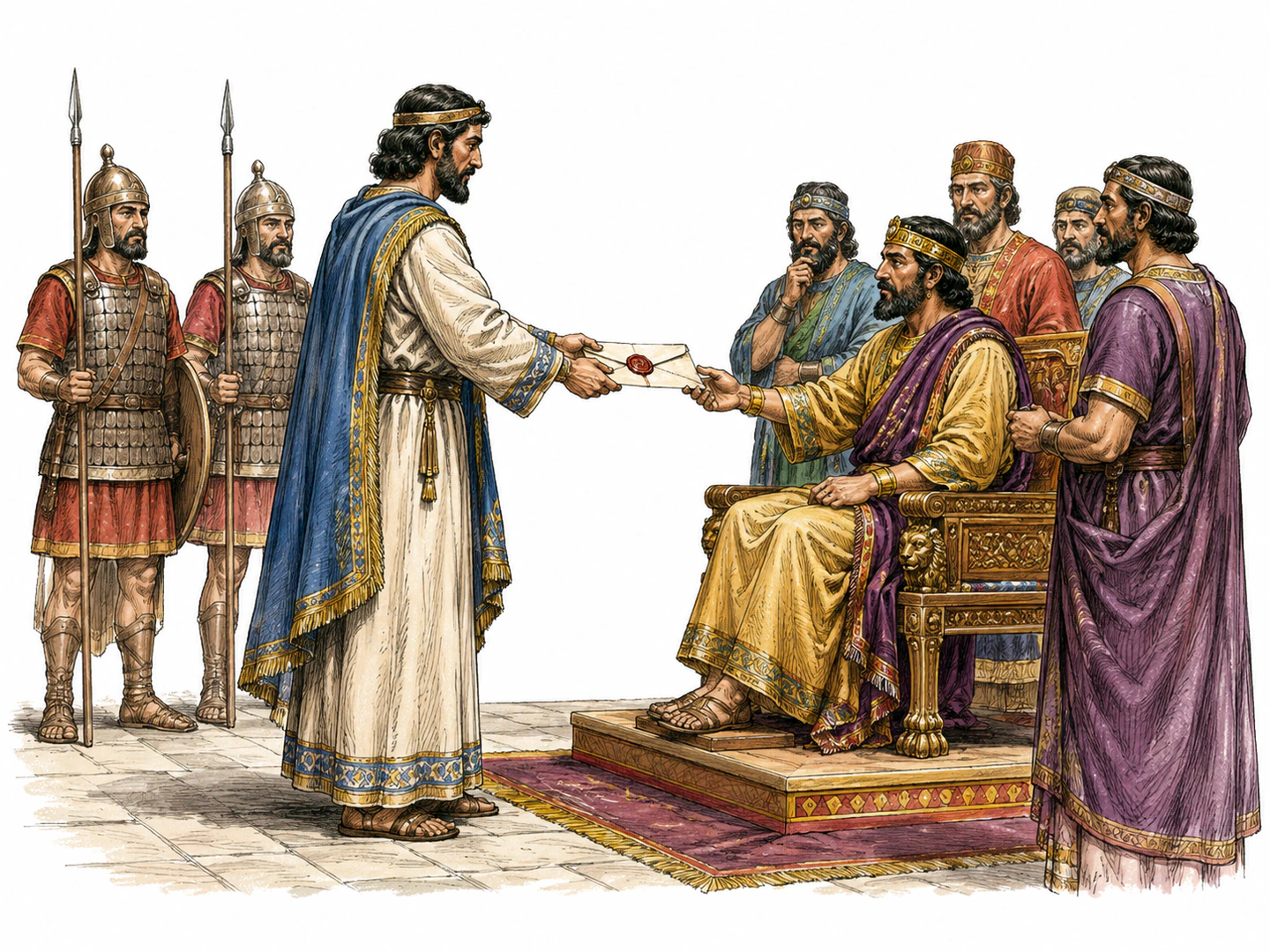 An official envoy presents a sealed message from a distant ruler to a receiving court while guards and ministers treat him as the sender's representative.