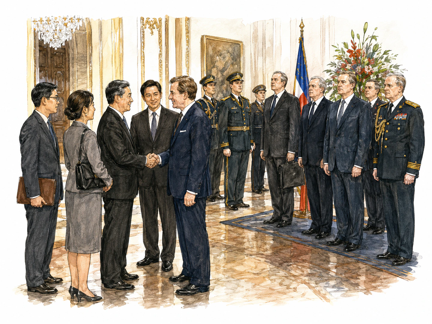 At a foreign ministry reception, a small diplomatic mission led by an envoy meets officials while a larger embassy delegation stands separately with greater ceremony.