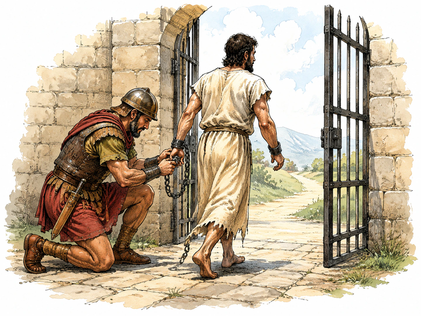 A guard unlocks a chain from a prisoner’s wrists as the freed person steps through an open gate.