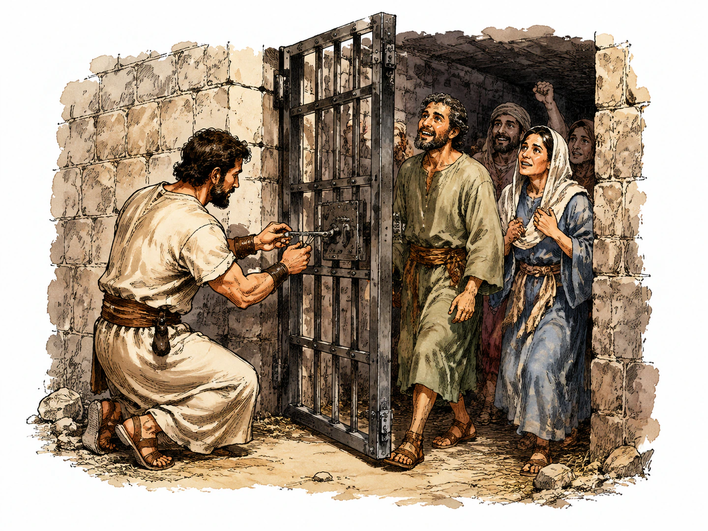 A rescuer unlocks a barred gate while confined people step out with relieved faces, showing someone freeing them from captivity.