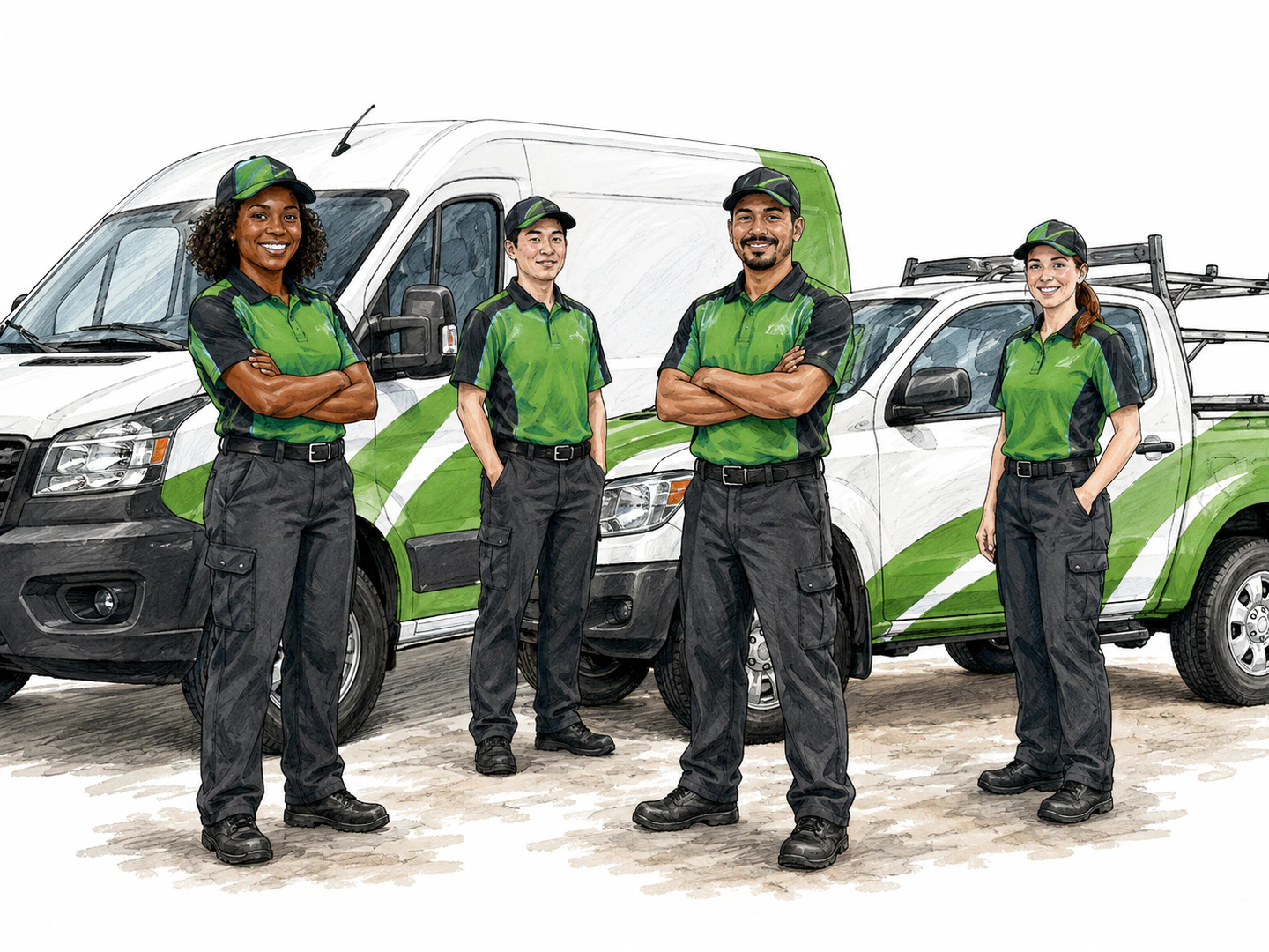 Several drivers stand beside matching company vehicles wearing identical distinctive uniforms that clearly identify them as belonging to the same service.
