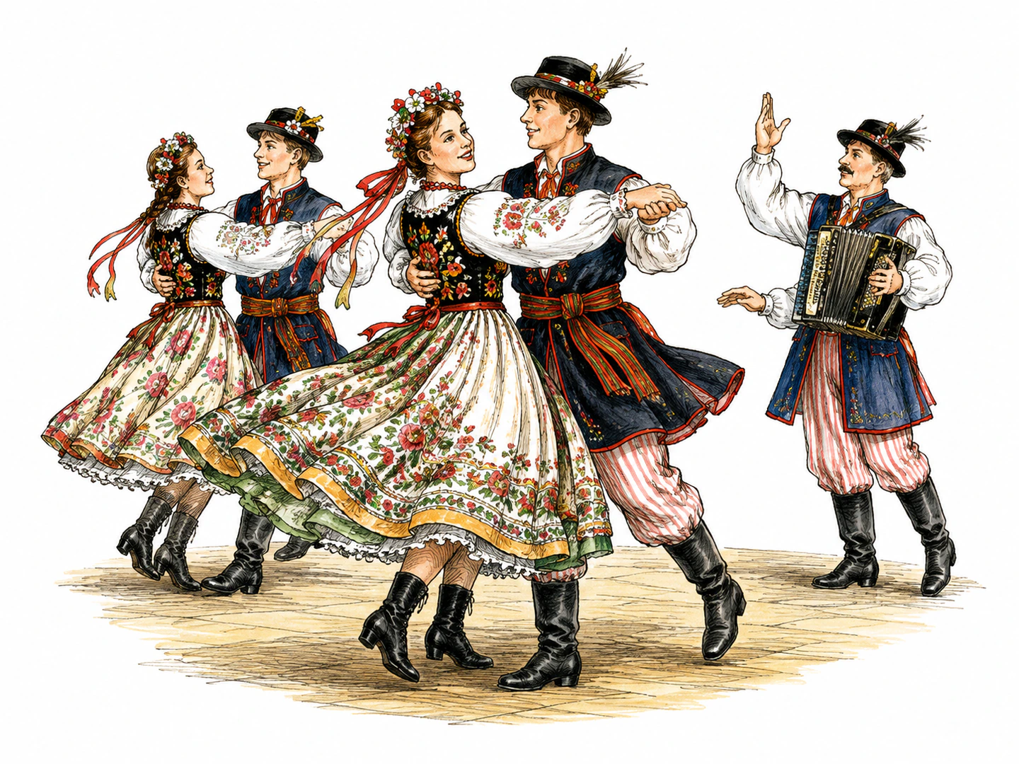 A group of dancers in Polish festive clothing step briskly in partnered turns while a musician marks a repeated three-beat pulse with raised hand motions.