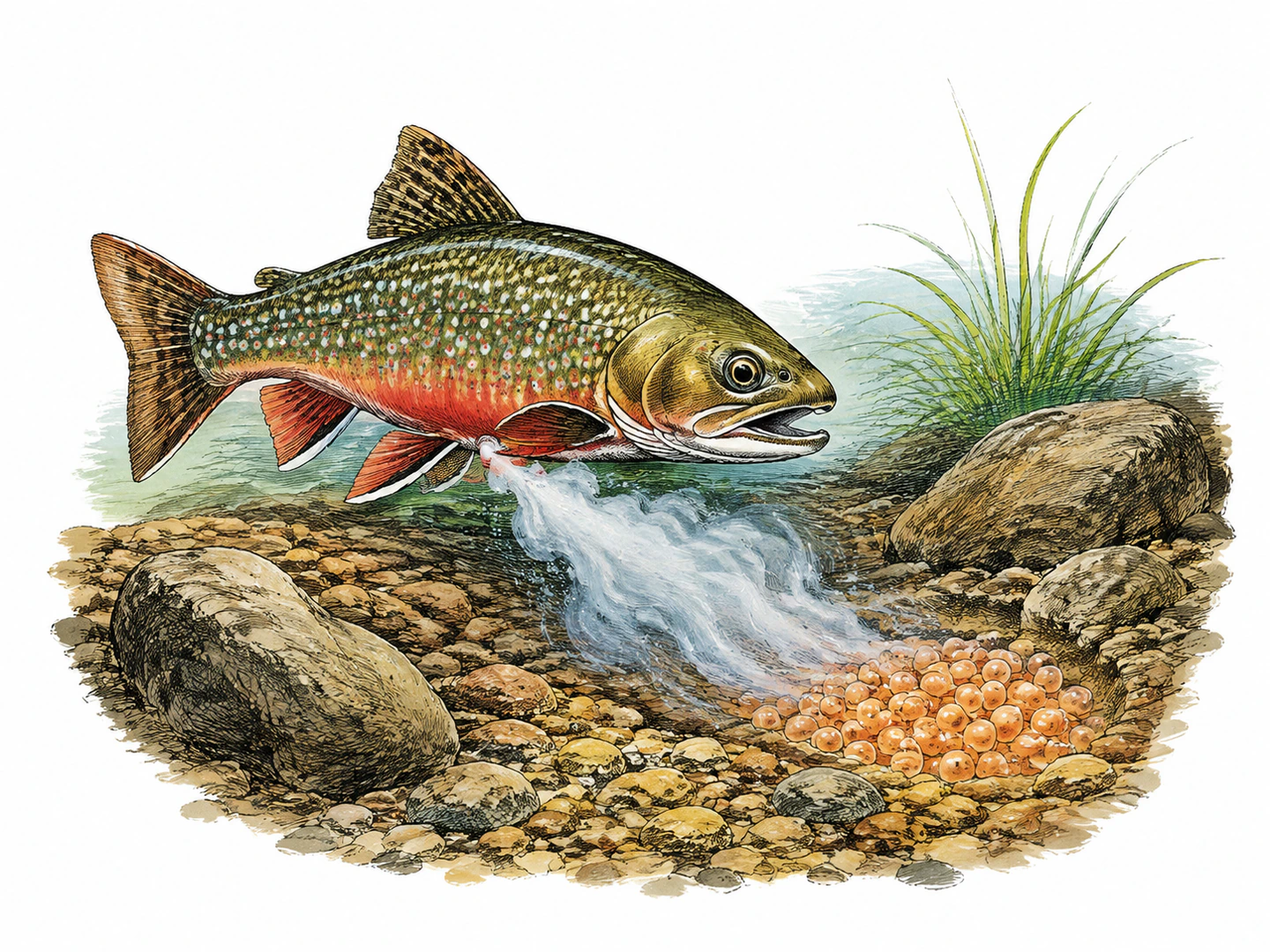 A male fish releases a cloudy fluid into the water beside eggs during spawning.