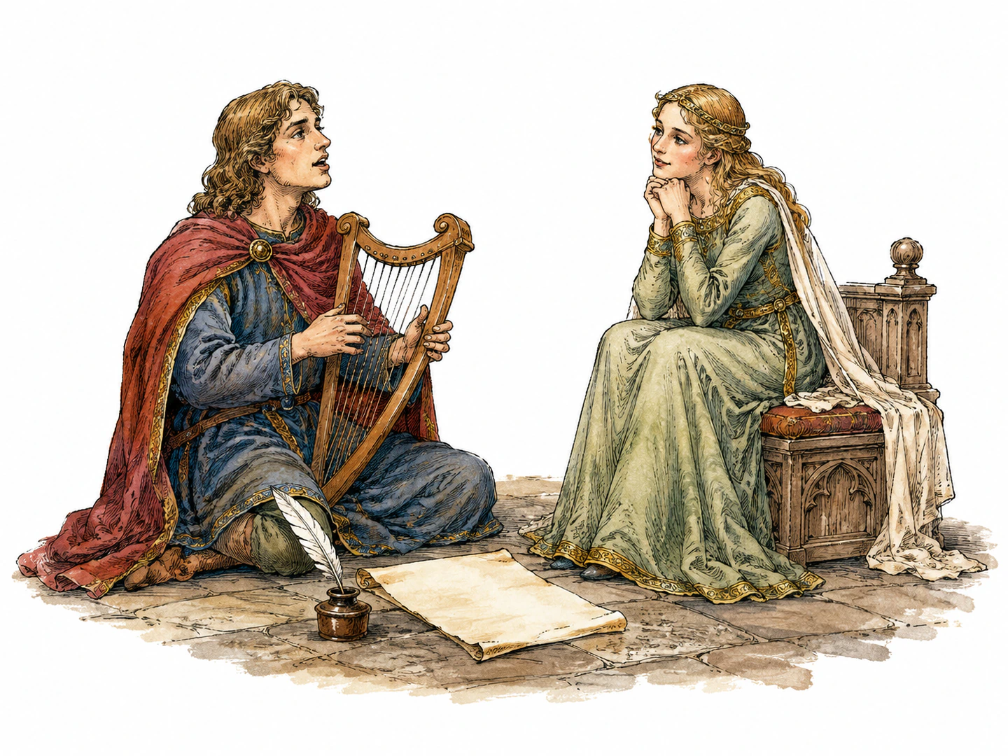 In a medieval German hall, a poet-singer strums a small harp and sings tenderly toward a beloved listener while a blank parchment and quill beside him show that he creates lyrics as well as performs them.