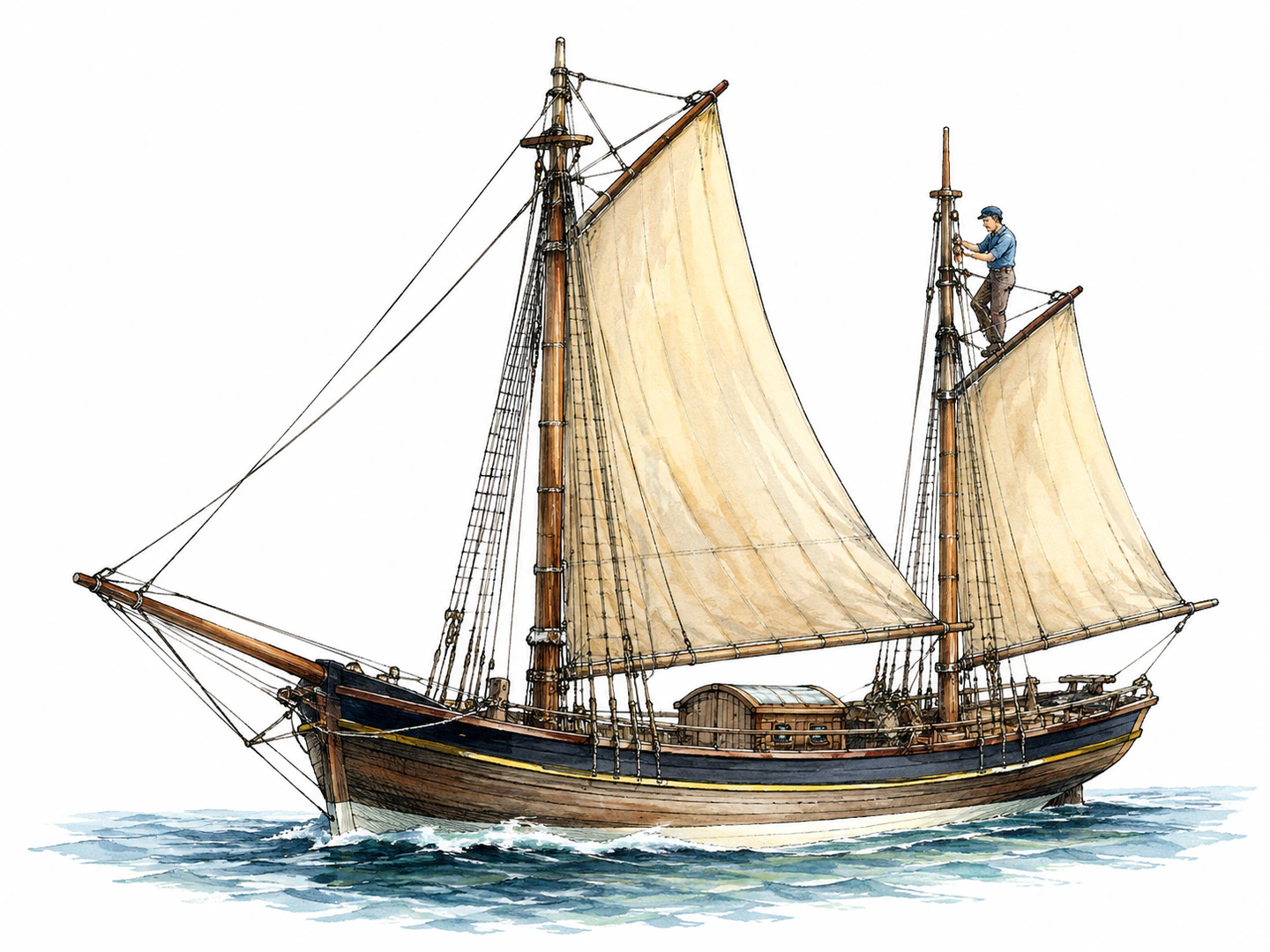 On a sailing ship, a crew member works on the smaller mast standing behind the taller mainmast.