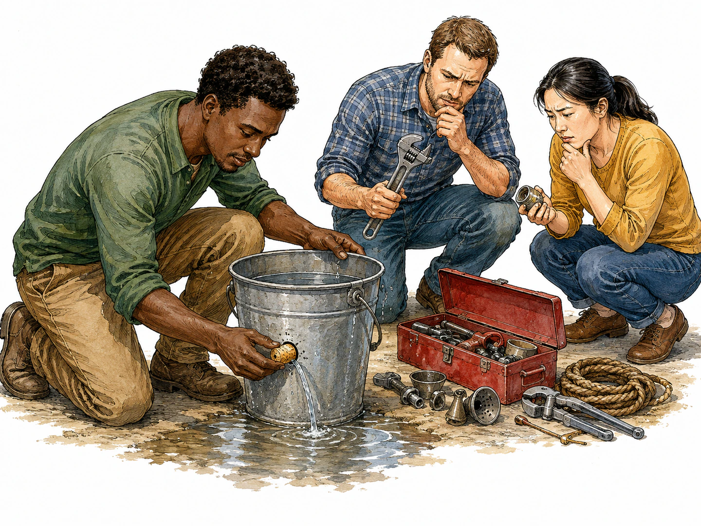 A practical thinker fixes a leaking bucket by plugging the hole with a nearby cork while others continue searching for complicated tools.