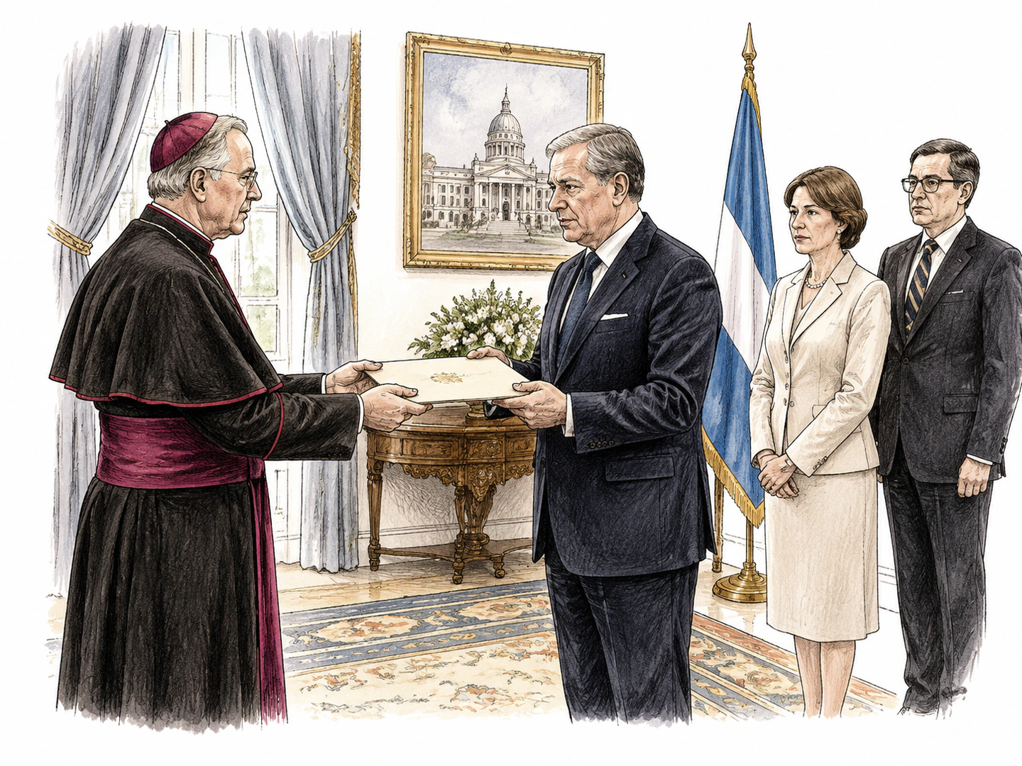 A papal diplomatic representative presents formal credentials to national officials during an official meeting.