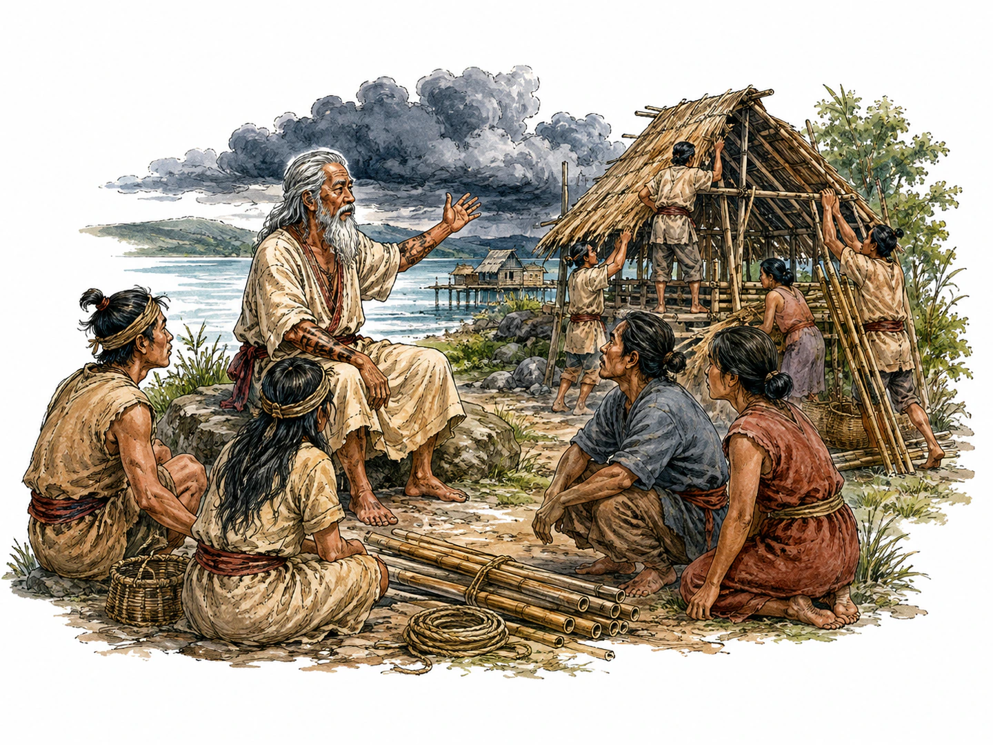 Villagers gather around a revered elder who calmly predicts a coming storm while others prepare shelters because they trust the elder's wisdom.