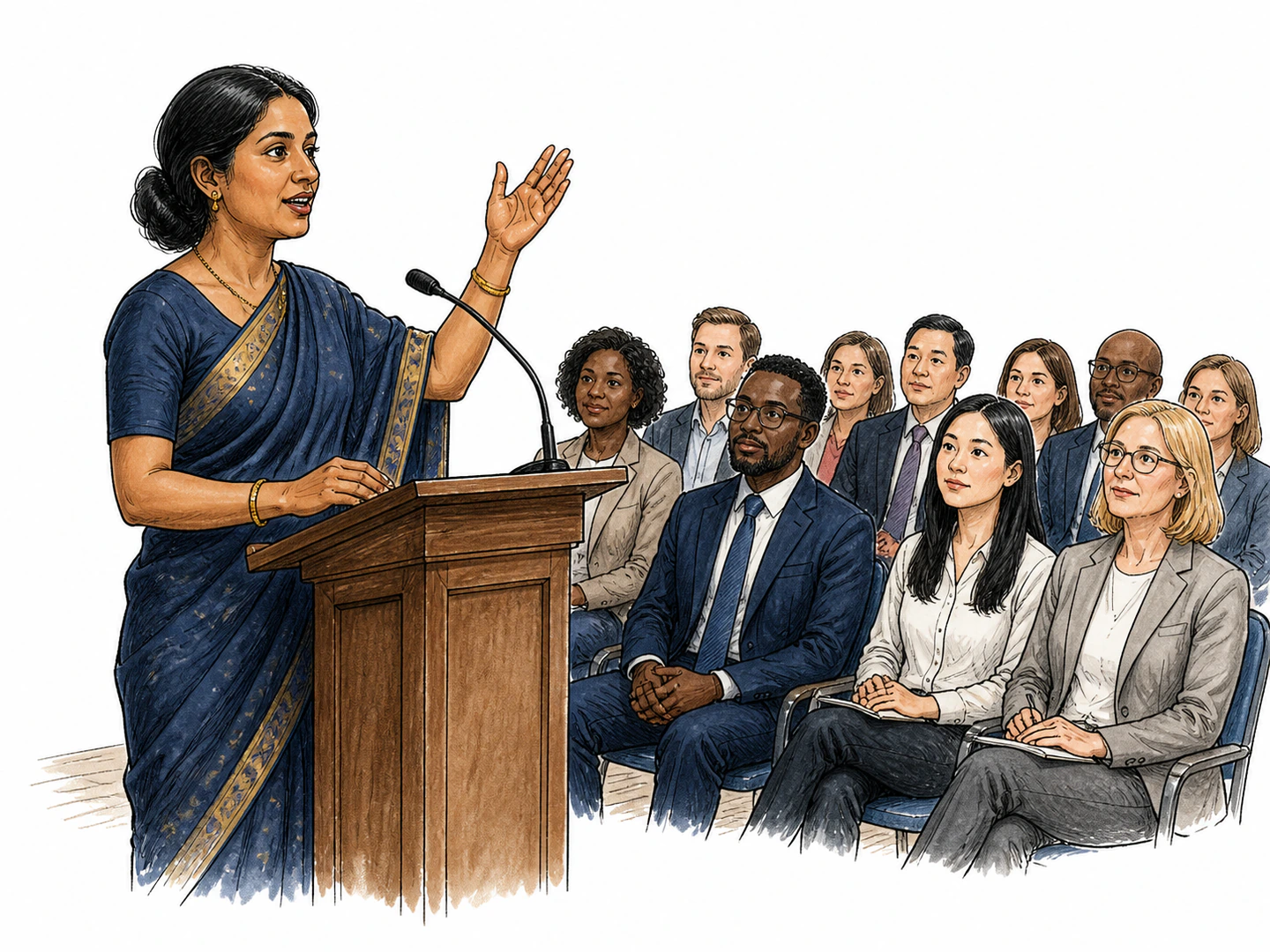 A speaker stands before a large audience with one hand raised and continues a formal public address while listeners sit attentively.