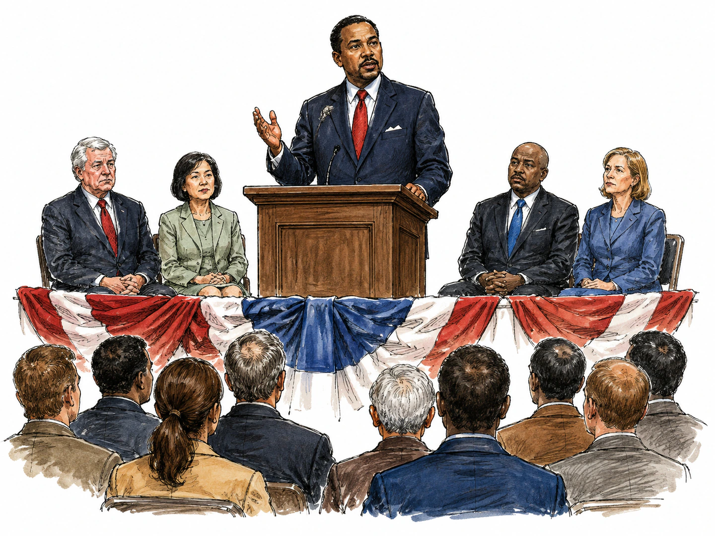 A ceremonial speaker stands at a podium before a seated audience, delivering a formal public speech while officials listen solemnly.
