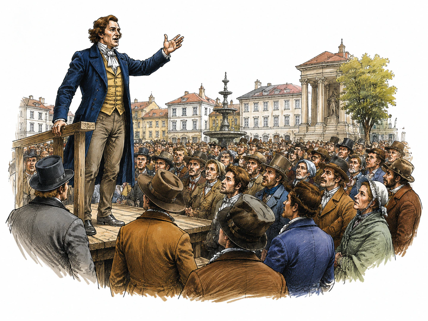 In a public square, a skilled speaker gestures confidently from a platform while a large crowd listens closely.