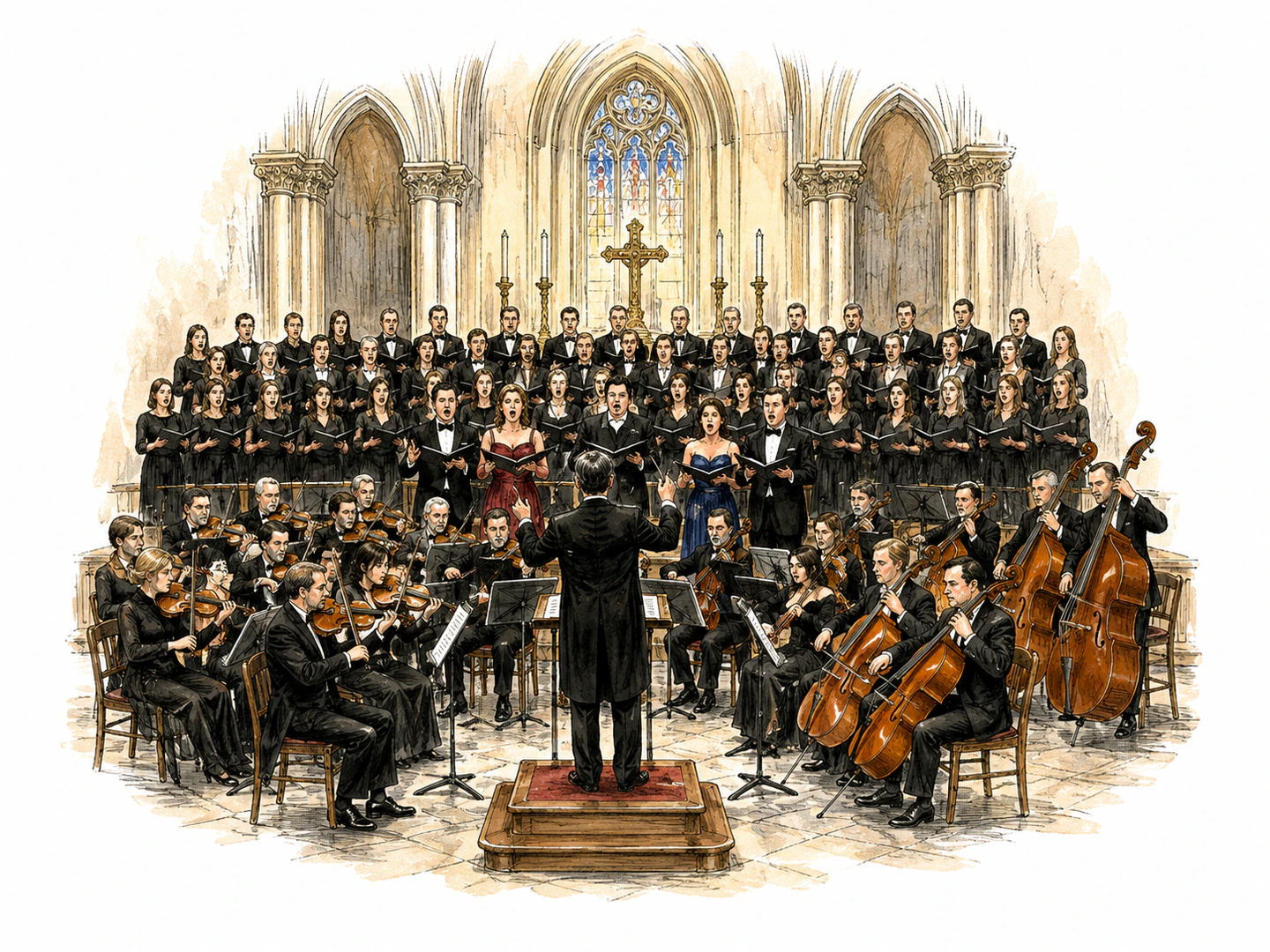In a large sacred hall, an orchestra, chorus, and solo singers perform a solemn religious musical work together under a conductor.