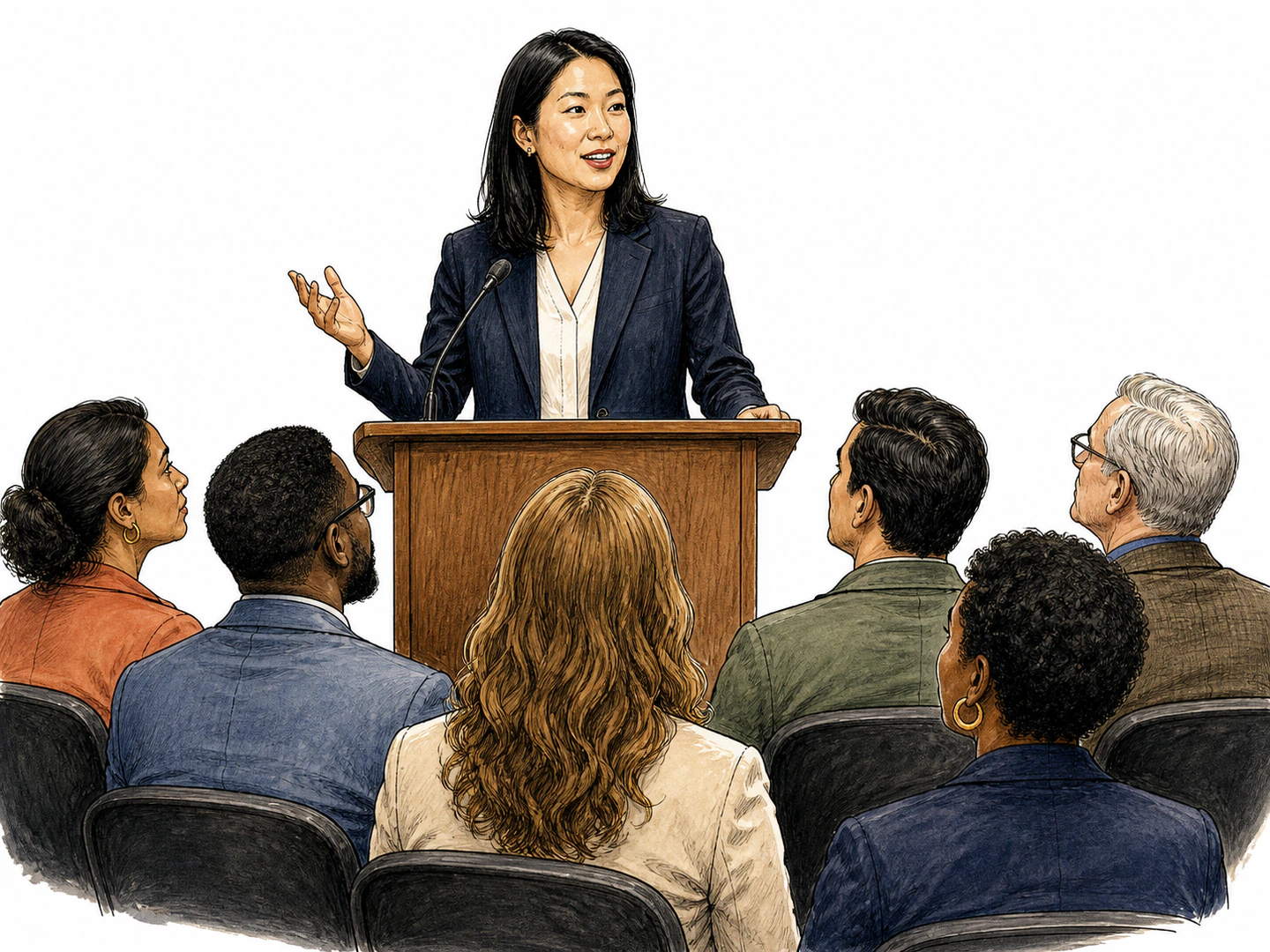 A formal speaker addresses a seated audience from a lectern with practiced gestures while listeners follow the speech attentively.