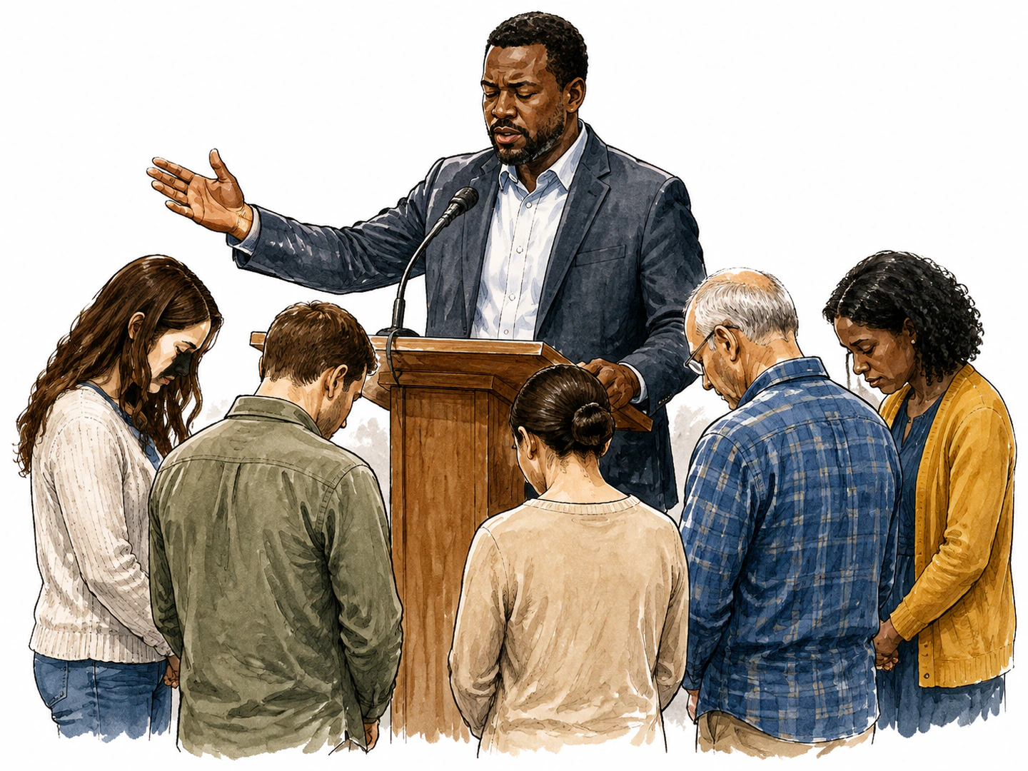 A worship leader stands with bowed participants and speaks a formal prayer during a religious service.