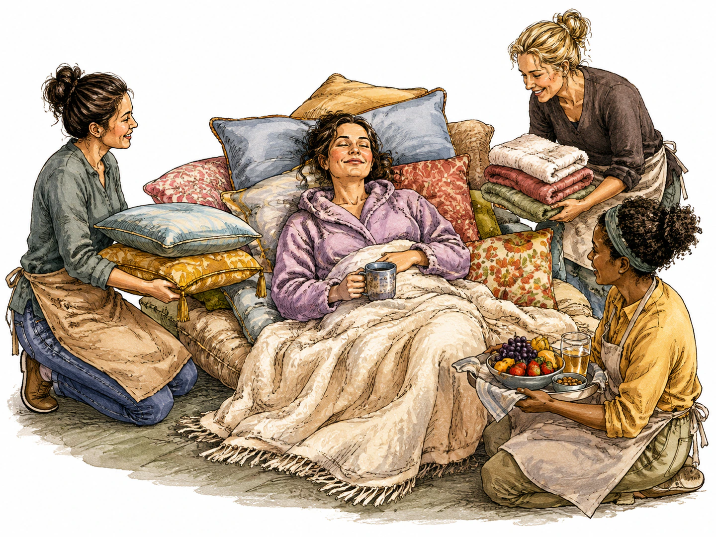 A person reclines under pillows while others bring cushions, warm towels, snacks, and careful attention far beyond ordinary care.