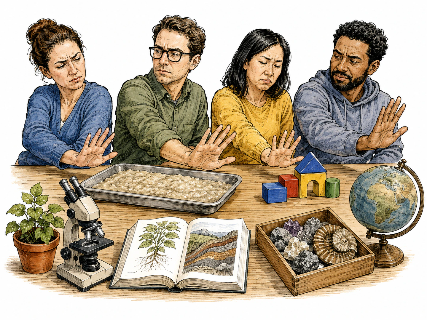 Adults at a lesson push away a tray of bland mush-like material and childish blocks while more substantial learning tools sit unused nearby, showing content that is thin, oversimplified, and worthless to them.