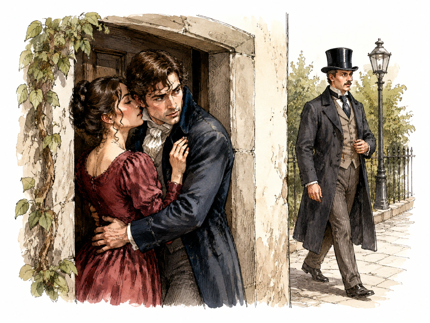 In a hidden doorway, two lovers embrace while one anxiously checks that a wedding-ringed partner nearby does not see them, making the secret illicit relationship clear.