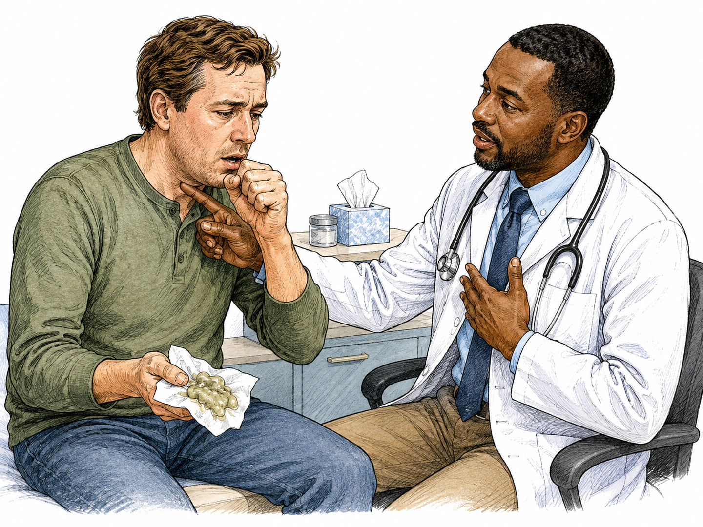 After coughing, a patient holds a tissue containing thick mucus while a doctor gestures from the patient's throat and chest to show where it came from.