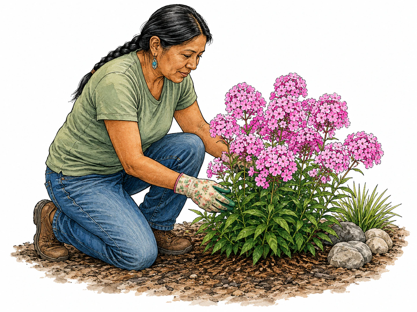 A gardener kneels beside a flowering plant whose many clustered blossoms stand out brightly above the leaves.