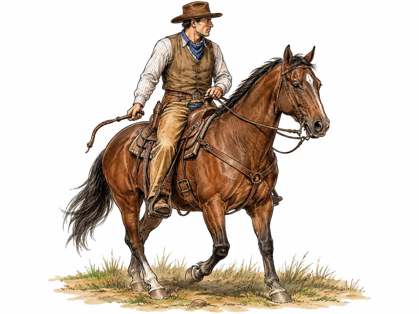 A rider holds a short-handled whip with a braided leather lash beside the saddle, clearly sized for use while riding.