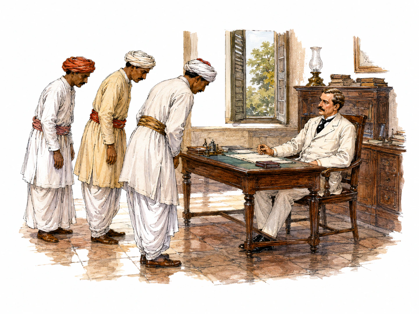 In a colonial Indian office, local attendants respectfully incline their heads toward a seated adult man as he receives their formal attention.